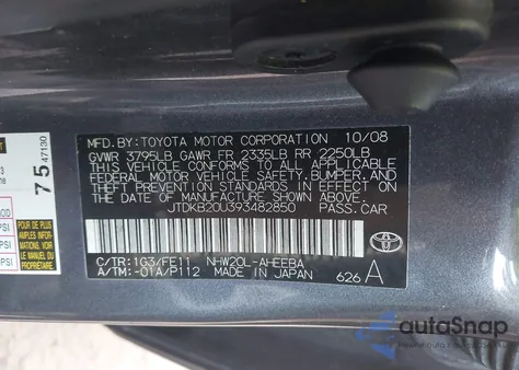 2009 Toyota Prius from USA, damaged, VIN JTDKB20U393482850